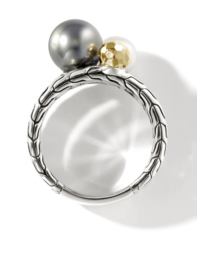 Shop John Hardy 18kt Gold Carved Chain Freshwater Pearl And Tahitian Pearl Multi Row Ring In Silver