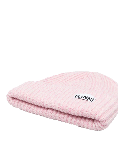 Shop Ganni Logo-patch Ribbed-knit Beanie Hat In Rosa