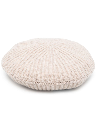 Shop Ganni Logo-patch Ribbed-knit Beret In Nude