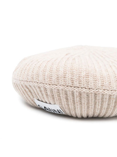 Shop Ganni Logo-patch Ribbed-knit Beret In Nude