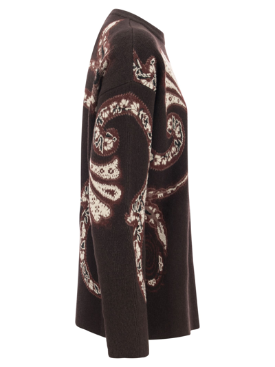 Shop Etro Wool Sweater With Foliage Print In Bordeaux