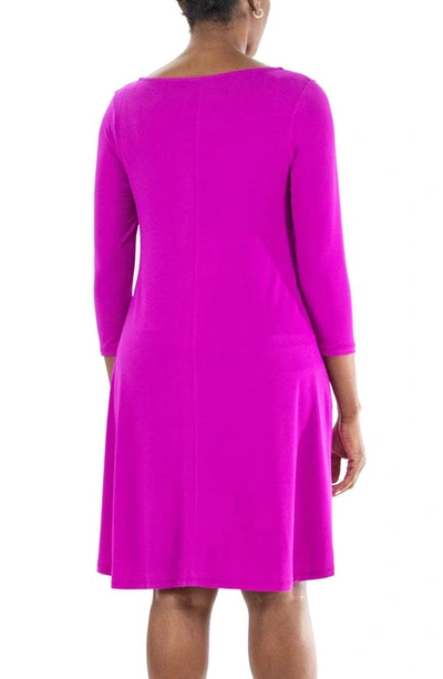 Nina Leonard Three-quarter Sleeve Stretch Knit Trapeze Dress In Vibrant Violet