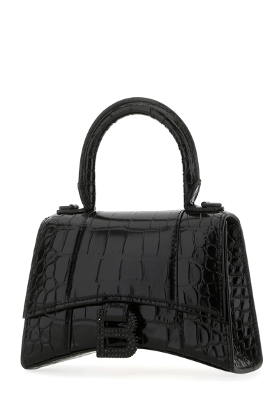 Balenciaga Hourglass Xs Croc-effect Leather Tote In Black