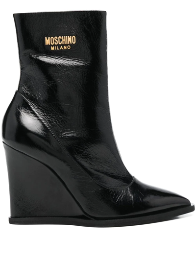 Shop Moschino Wedge-heel Patent-leather Boots In Black