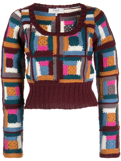 Shop Sea Patchwork Crochet Jumper In Multicolour