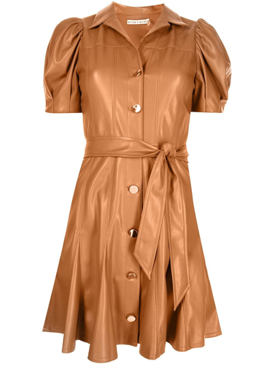 Shop Alice And Olivia Self-tie Vegan Leather Mini Dress In Brown