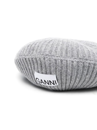Shop Ganni Logo-patch Ribbed Hat In Grey