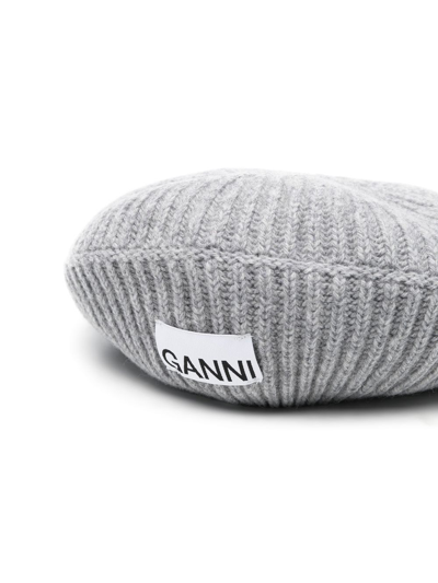 Ganni Wool Blend Ribbed Knitted Hat In Grey