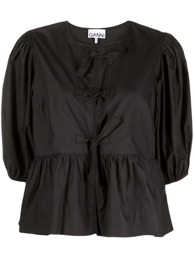 Shop Ganni Puff-sleeved Peplum Blouse In Black