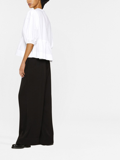 Ganni Poplin Front-tie Peplum Blouse With Puffed-sleeves In White