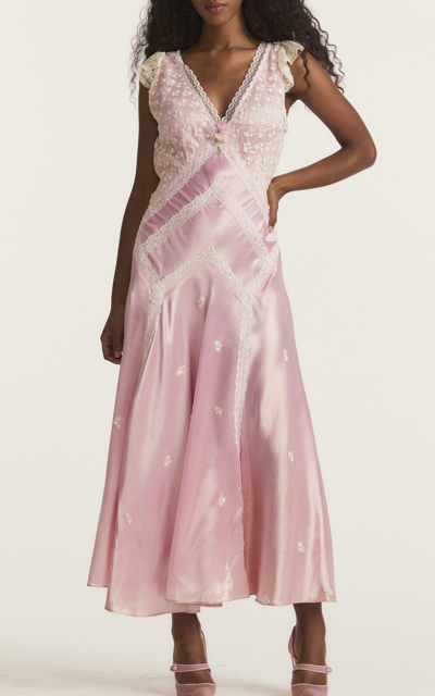 Shop Loveshackfancy Provencia Lace Silk Midi Dress In Pink
