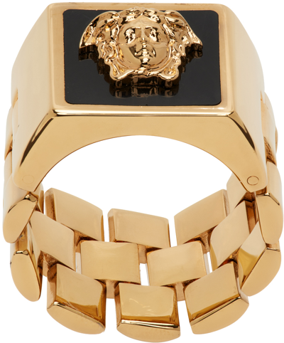 Shop Versace Gold & Black Smalto Ring In 4j120 Oro -ne