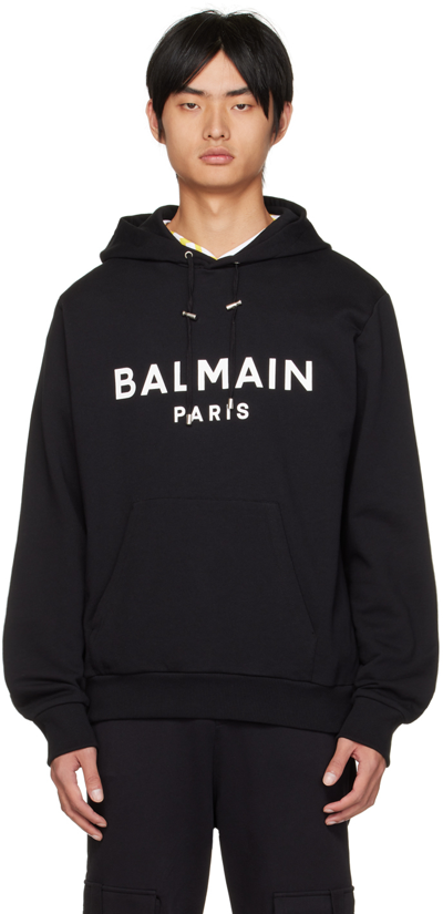 Shop Balmain Black Printed Hoodie In Eab Noir/blanc