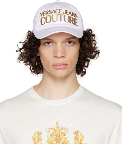 Shop Versace Jeans Couture White Logo Cap In Eg03 White/gold