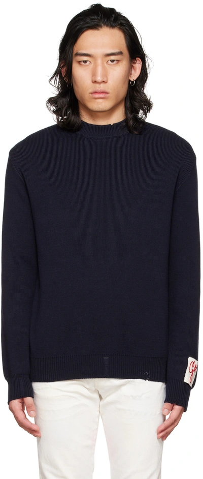 Shop Golden Goose Navy Crewneck Sweater In 50486 Dark Blue