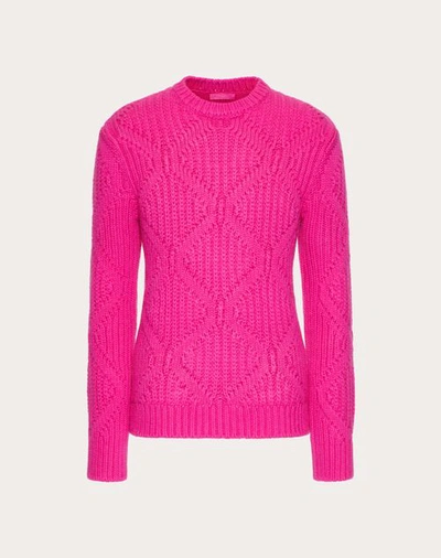 Shop Valentino Wool Crewneck Jumper With Geometric Motif In Pink Pp