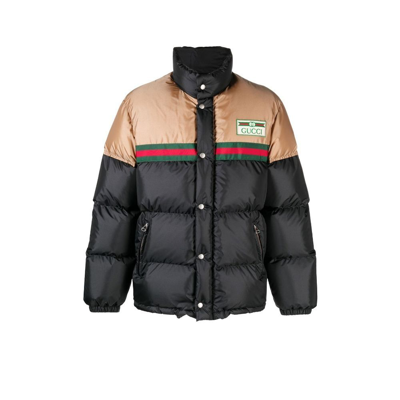 Shop Gucci Black Web Stripe Satin Padded Jacket In Brown