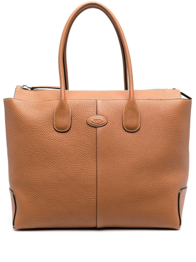 Shop Tod's Logo-patch Leather Tote Bag In Brown