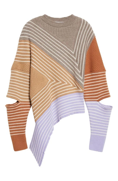 Shop Stella Mccartney 3d Stripe Cutout Asymmetric Virgin Wool Sweater In 8491 Multicolor 8491