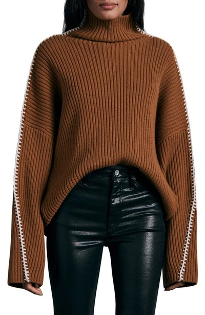 Rag & Bone Ingrid Whipstitched Ribbed Wool Turtleneck Sweater In Dark Brown  | ModeSens
