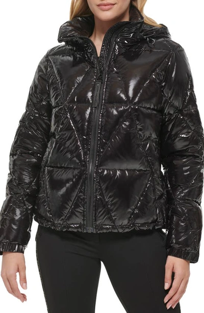 Shop Karl Lagerfeld Water Resistant Down & Feather Fill Short Hooded Puffer Coat In Black