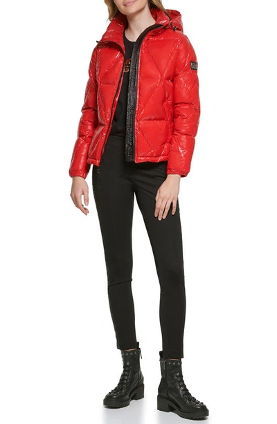 Karl Lagerfeld Women's Hooded Down Puffer Coat In Scarlet