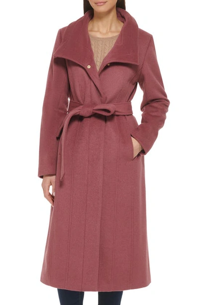 Shop Cole Haan Signature Slick Belted Long Wool Blend Coat In Rose