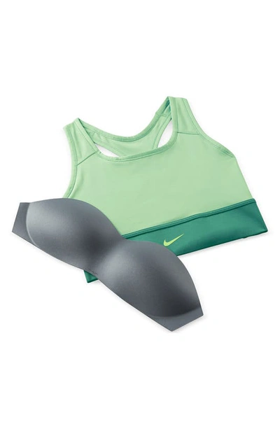 Shop Nike Dri-fit Swoosh Padded Longline Sports Bra In Enamel Green/ Bicoastal
