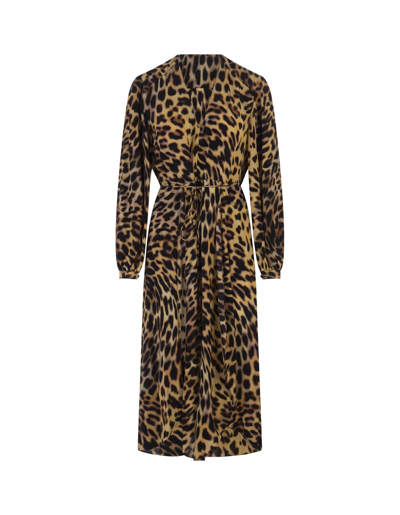 Shop Stella Mccartney Yellow Silk Maxi Dress With All-over Cheetah Print In Tortoise Shell