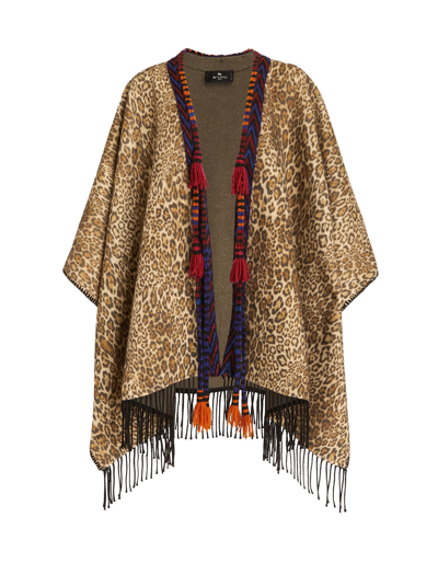 Shop Etro Woman Cape In Animalier Wool With Fringes