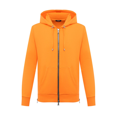 Shop Balmain Hooded Zipped Sweatshirt In Orange