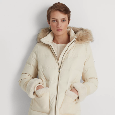 Shop Lauren Ralph Lauren Faux Fur-trim Down Coat In Moda Cream