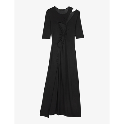Maje Rob Cut-out Side-slit Stretch-woven Midi Dress In Noir / Gris |  ModeSens