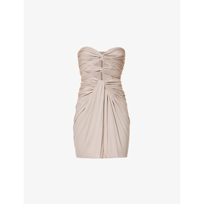 Shop Saint Laurent Corseted Sweetheart-neck Cut-out Woven Mini Dress In Lilas Taupe