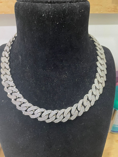 Pre-owned Online0369 Men's Moissanite Cuban Link Necklace 20 Inch 14k White Gold Plated 925 Silver In White/colorless