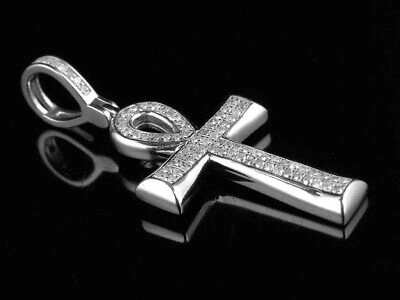 Pre-owned Jewelry Unlimited Unisex 10k White Gold Micro Pave Real Diamond Ankh Cross Pendant Charm 0.33ct In H-i