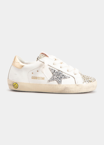 Shop Golden Goose Girl's Super Star Glitter Trim Leather Sneakers, Baby/toddlers In White/silver/gold