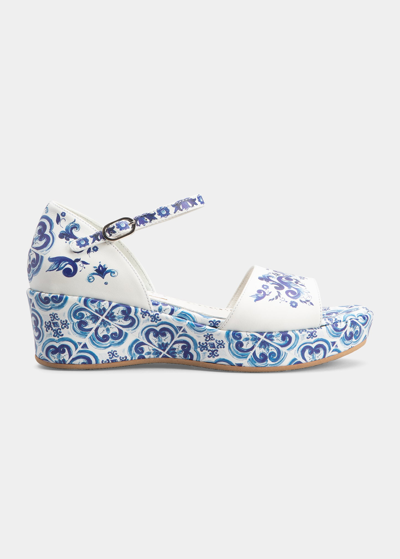 Shop Dolce & Gabbana Girl's Majolica-print Wedge Sandals, Toddlers In Azulejos