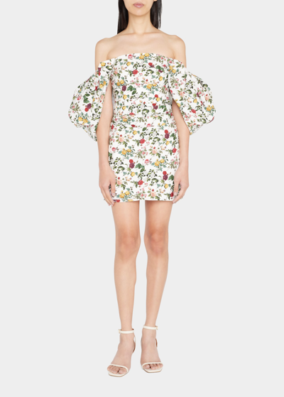 Shop Oscar De La Renta Off-shoulder Rose Print Puff-sleeve Mini Dress In White Multi