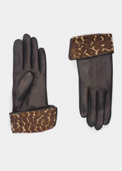 Shop Agnelle Leopard-print Fold Down Silk & Leather Gloves In Black/animal