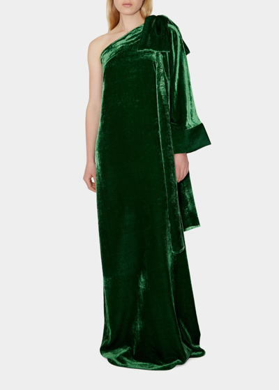 Shop Bernadette Velvet One-shoulder Column Gown With Shoulder Bow In Emerald Green