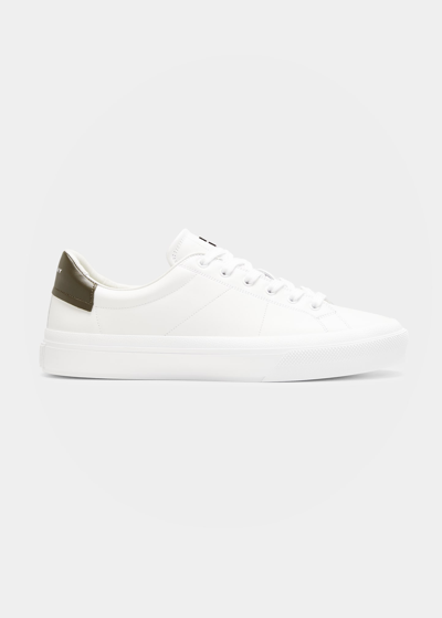 Shop Givenchy Men's City Sport Leather Low-top Sneakers In White/khaki