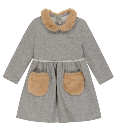Shop Il Gufo Baby Faux Fur-trimmed Cotton Dress In Grey/hazelnut