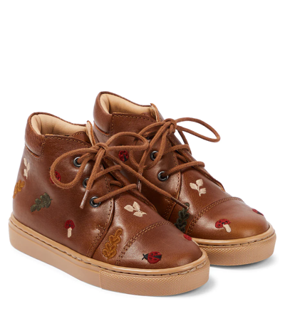 Shop Petit Nord Embroidered Lace-up Leather Shoes In Hazelnut