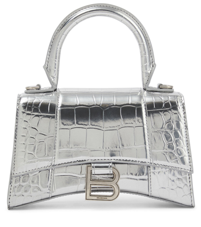 Shop Balenciaga Hourglass Xs Croc-effect Leather Crossbody Bag In Silver