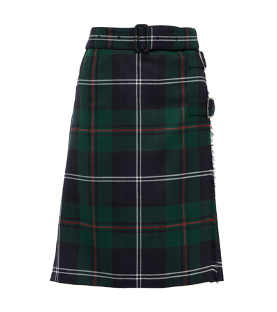 Shop Burberry Checked Wool Midi Skirt In Dark Viridian Green