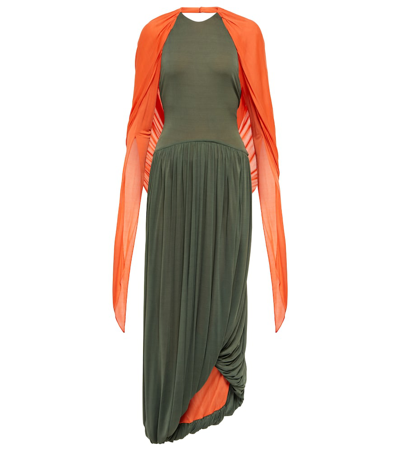 Shop Loewe Draped Halterneck Midi Dress In Khaki Green/orange