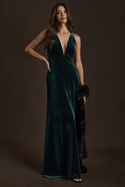 Shop Jenny Yoo Logan Deep-v Velvet Column Gown In Green