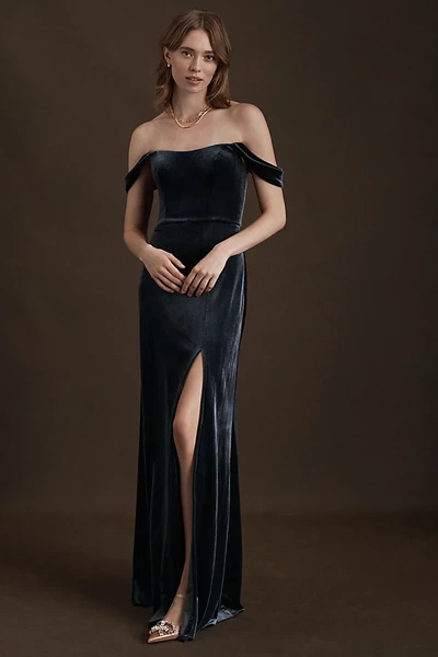 Shop Jenny Yoo Issa Off-the-shoulder Stretch Velvet Column Gown In Blue