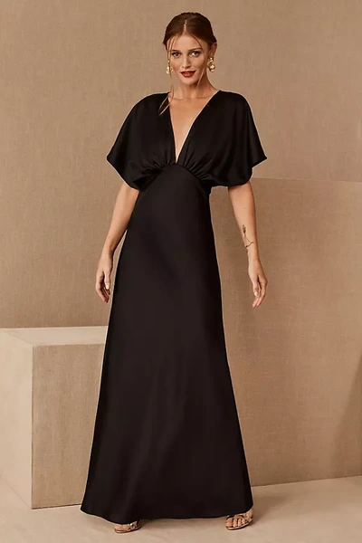 Shop Bhldn Leila Deep-v Flutter-sleeve Satin A-line Gown In Black